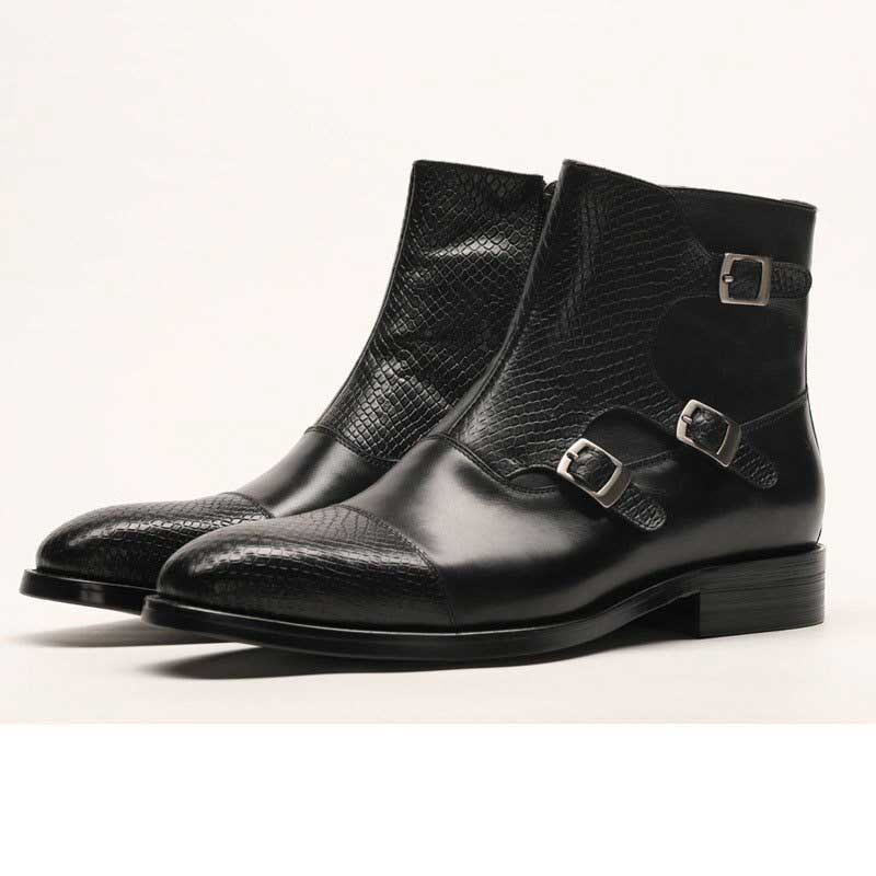 Mens Brown Buckle Leather Dress Boots : Free Shipping
