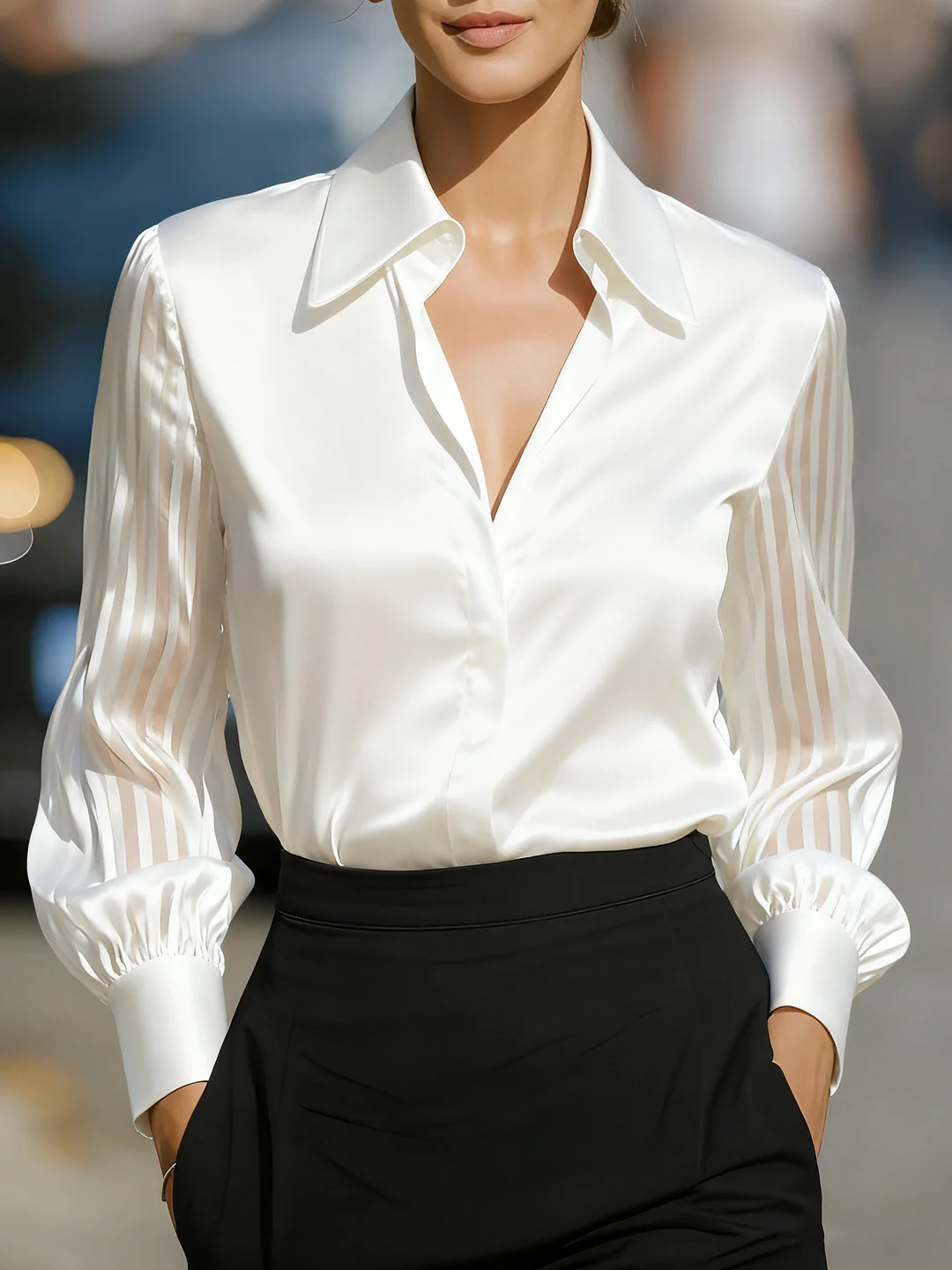 Solid Lapel Sheer Mesh Long Sleeve Shirt