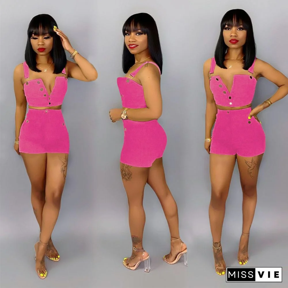 Sleeveless Crop Top and Shorts Denim Matching Set