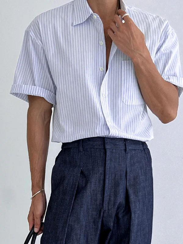 Aonga - Mens Pinstripe Chest Pocket Short Sleeve Shirt
