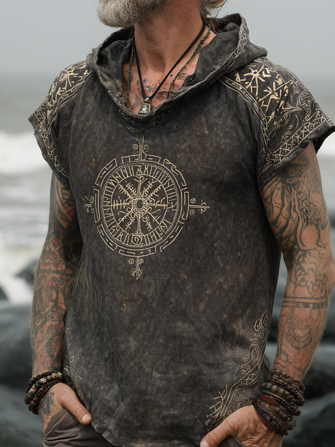 Men's Print Viking Compass Inspired Rune Celtic Knot Pattern Short Sleeve Hoodie / Rvogue / Rvogue