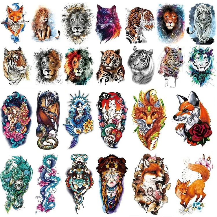 24 Sheets Lion Tiger Fox Dragon Large Temporary Tattoo Combo