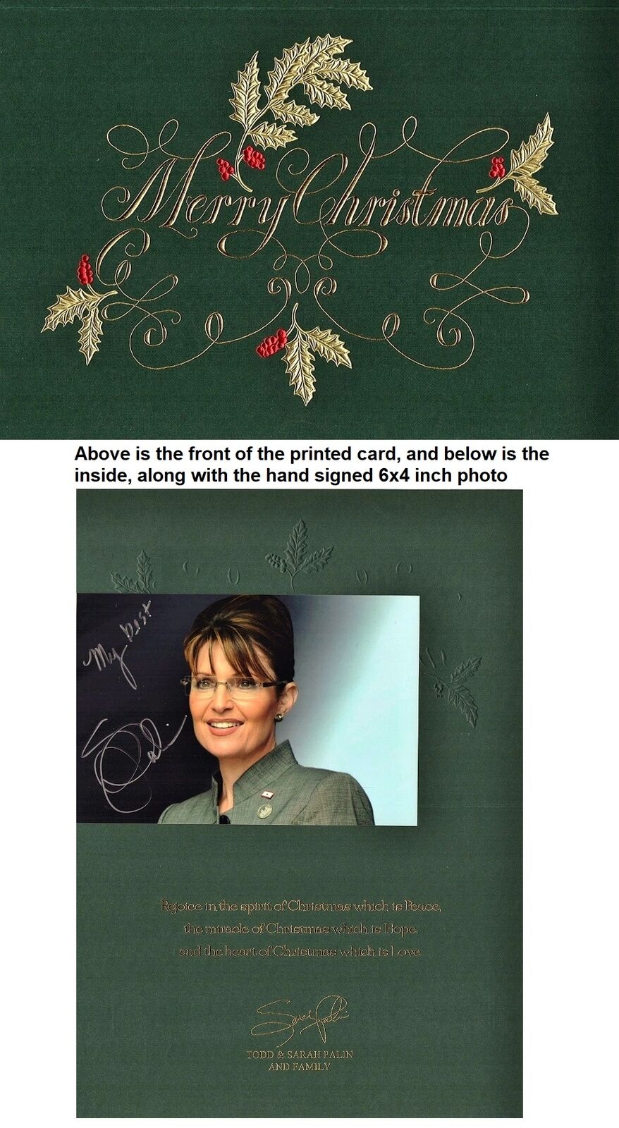 Sarah Palin Signed - Autographed Governer 6x4 inch Photo Poster painting + Christmas Card