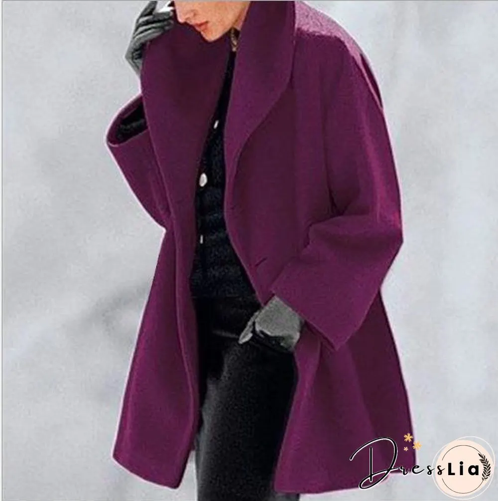 Round Neck Winter Plain Loose Coat With Hat
