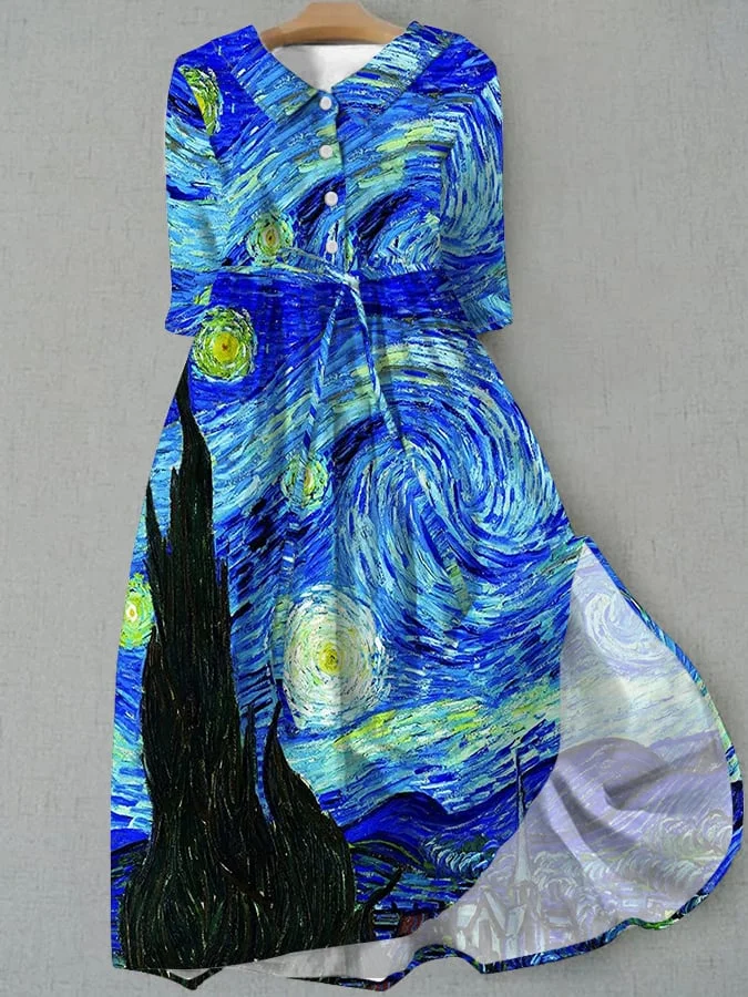 Women's Van Gogh Oil Painting The Starry Night Print Casual Dress