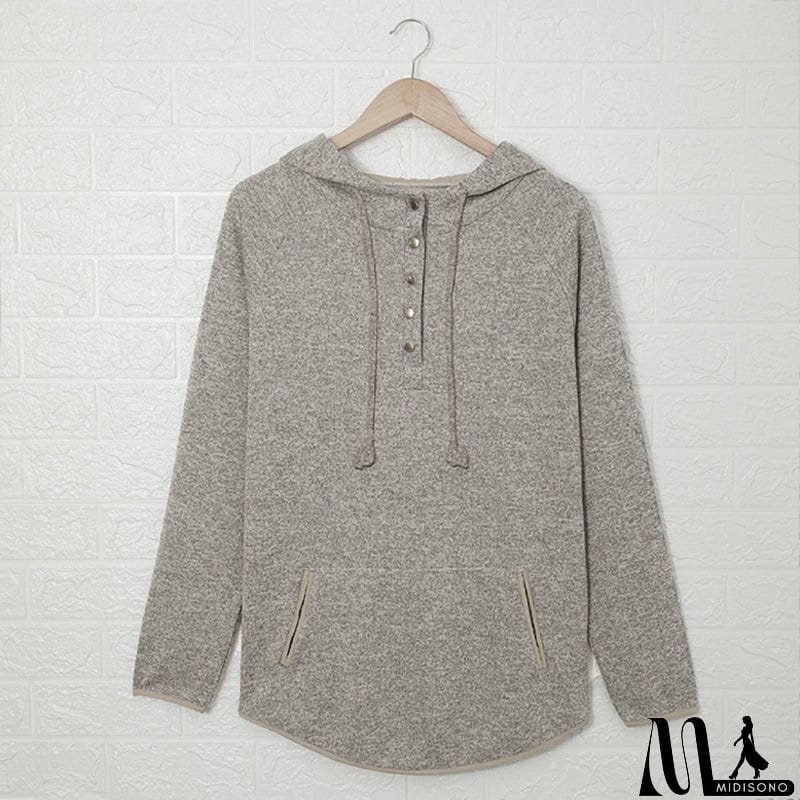 MidiSono - Women's Brown Heathered Print Button Snap Neck Pullover Hoodie