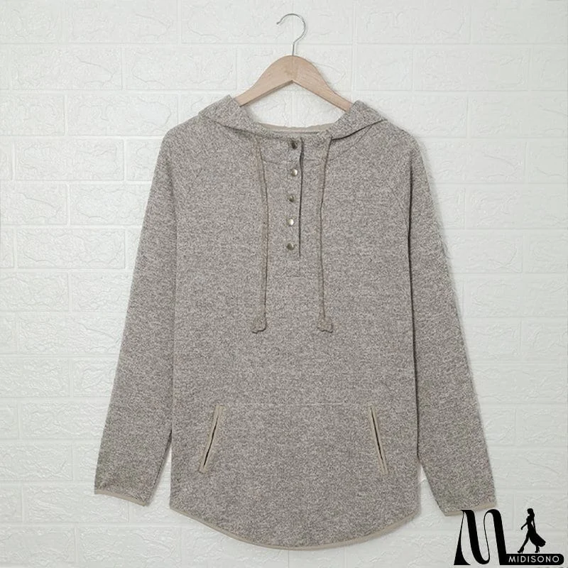 MidiSono - Women's Brown Heathered Print Button Snap Neck Pullover Hoodie