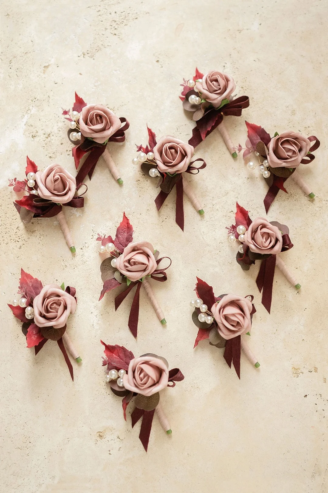 Boutonnieres for Guest in Burgundy & Dusty Rose