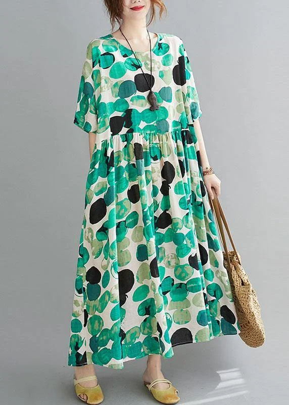 Fashion Green Dot Print Pockets Summer Vacation Dresses Half Sleeve