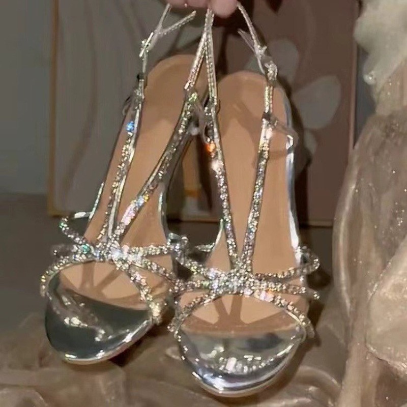 Rambleways  popular women's shoes New shiny rhinestone high-heeled sandals Elegant open-toe pointed sandals Wedding shoes Bridal luxury Summer size 35-41