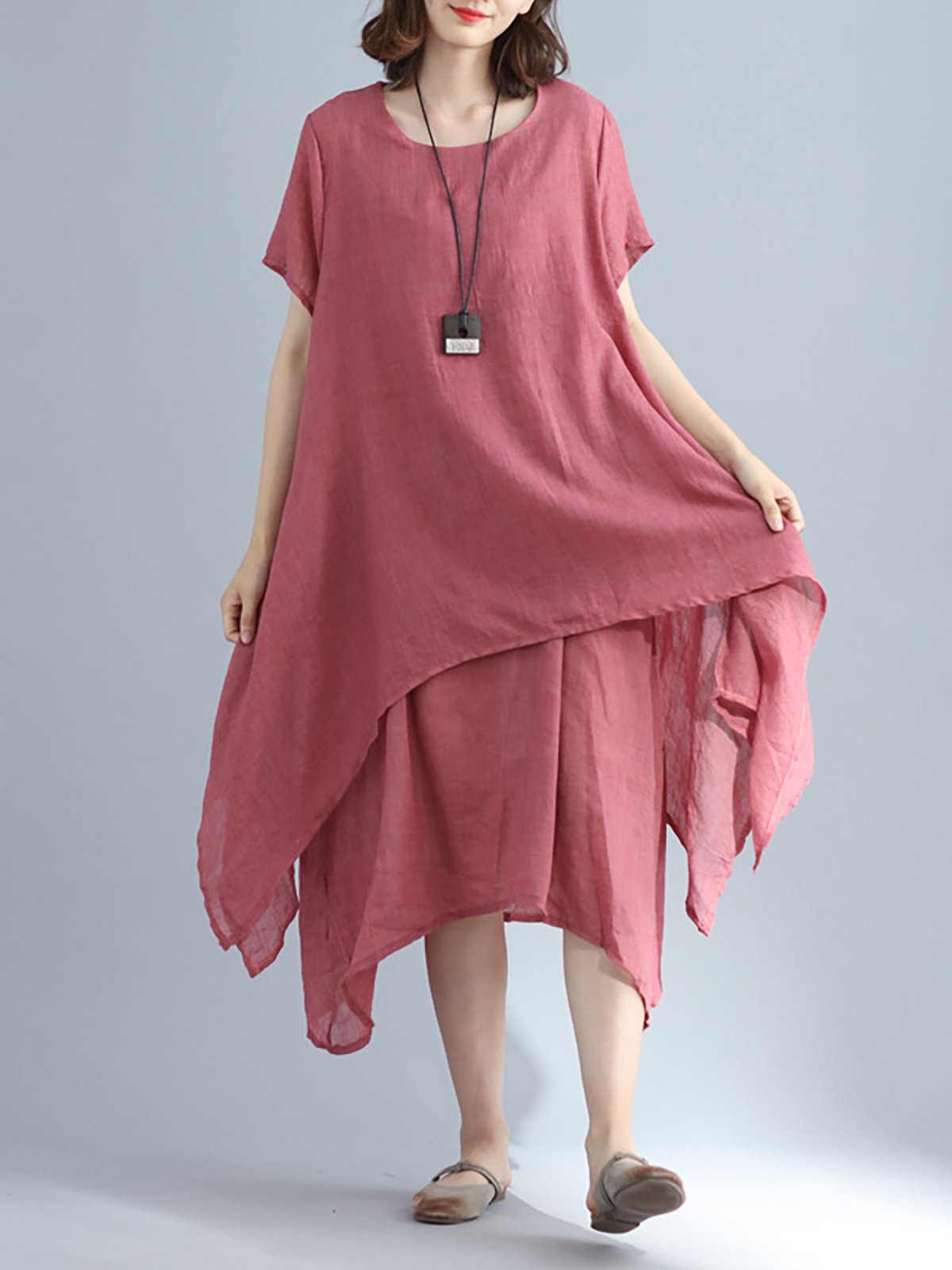 Crew Neck Women Casual Dress A-line Daily Basic Tiered Dress