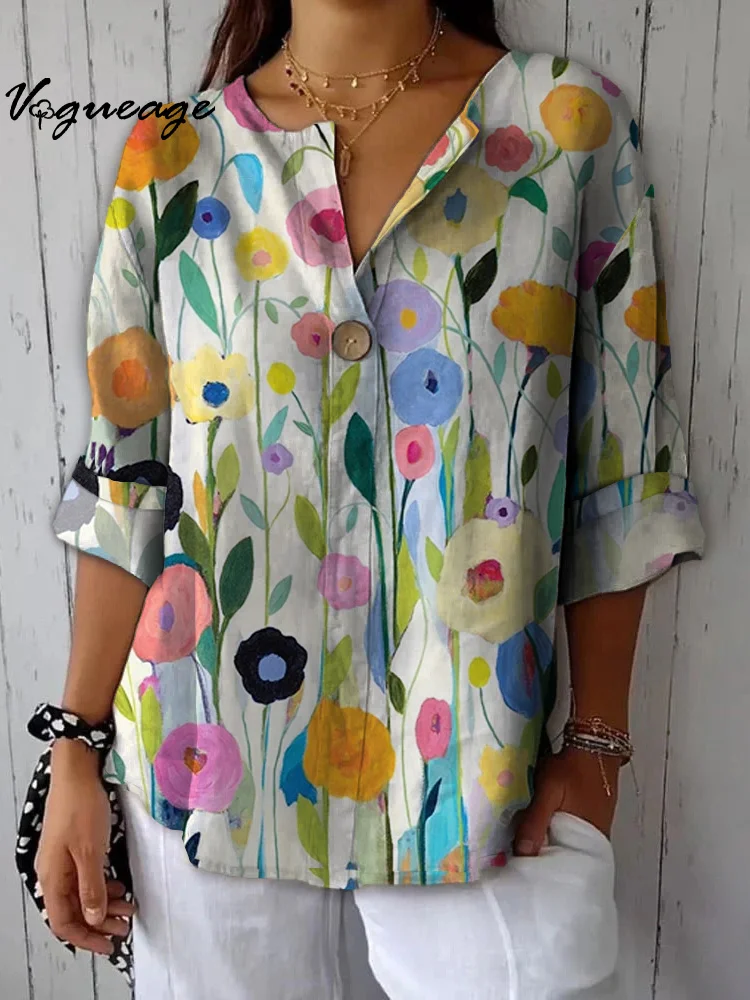 Fashionable Simple And Elegant Flowers Printed Cotton And Linen Shirt