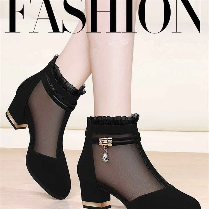 Comemore Autumn Mesh Boots Sandals Middle Heels Lace Shoes Women Rhinestone 2021 Spring Summer Pumps Mujer Black Beautiful 2022