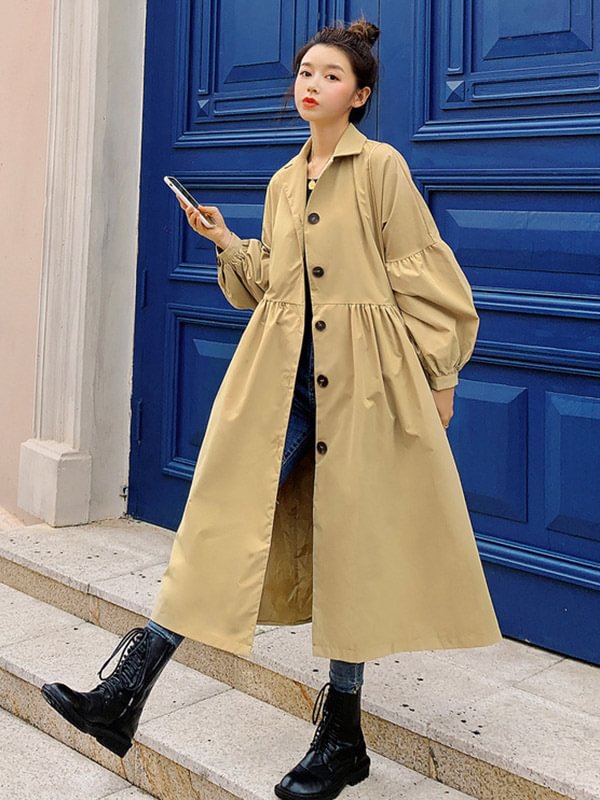Casual Lose Tied Buttoned High-Waist Notched Collar Long Bishop Sleeves Trench Coat