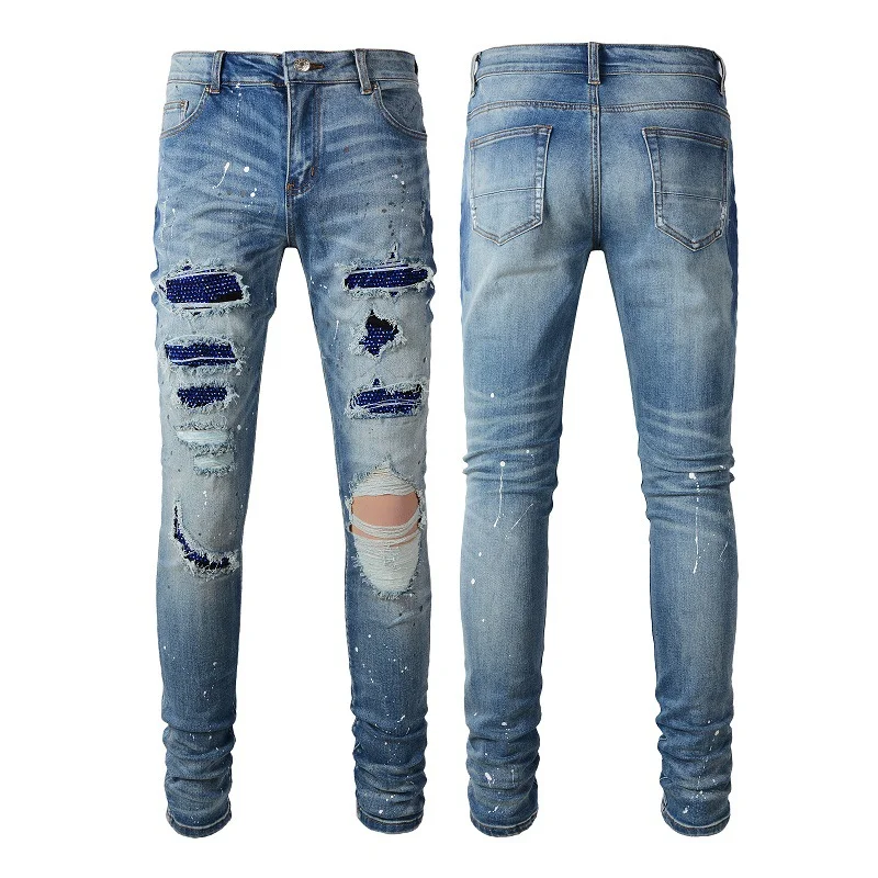 Men's Biker Ripped Jeans High Street Diamond-encrusted Jeans Elastic Skinny Jeans Motocycle Jeans Rapper Jeans