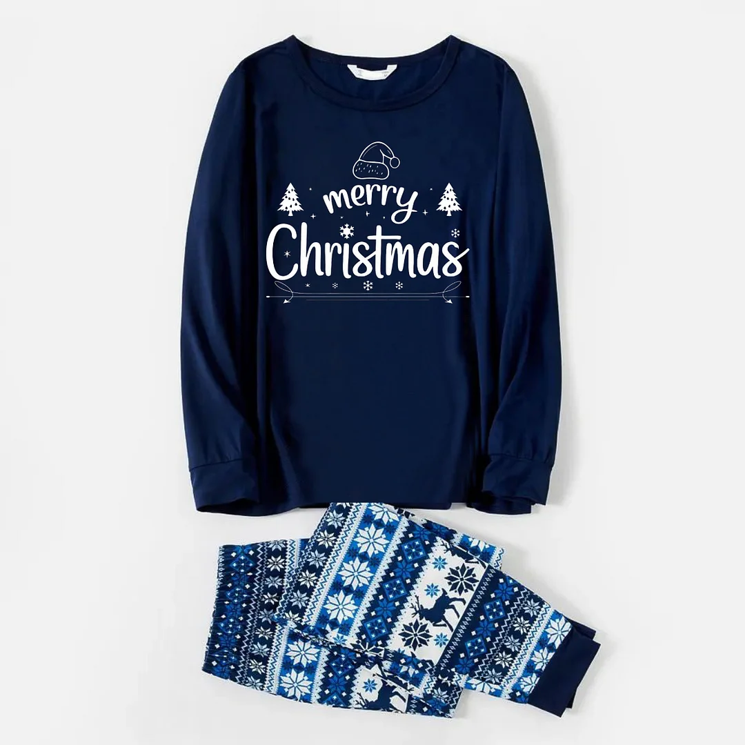 Merry Christmas Print Blue Family Christmas Matching Pajamas