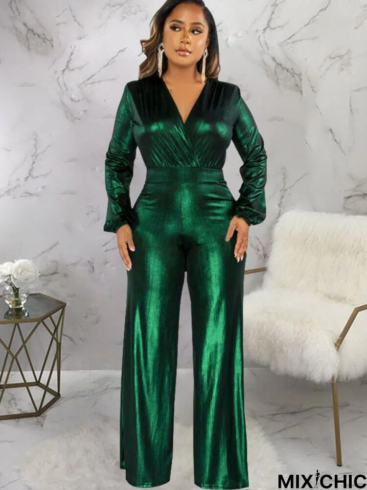 Long Sleeves Bronzing High Waist Jumpsuits