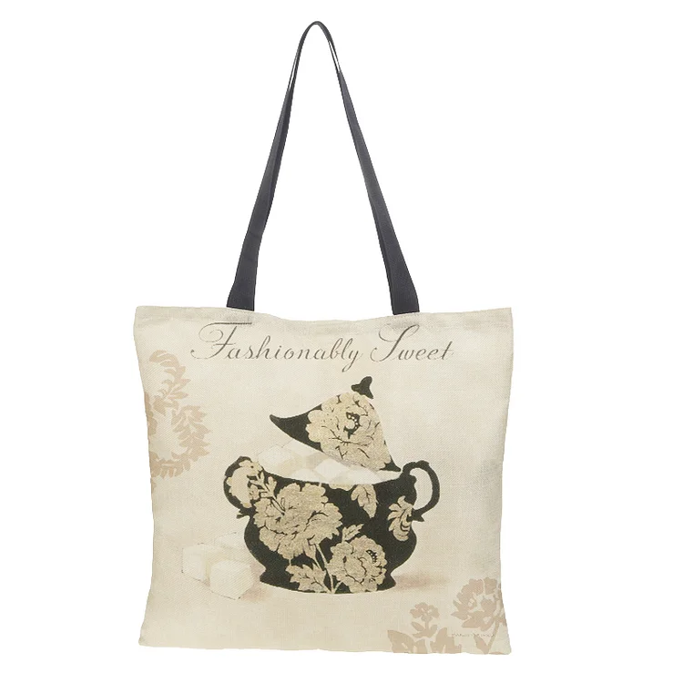 Linen Eco-friendly Tote Bag - Teapot Printed Shoulder Shopping Bag Casual Large Tote Handbag