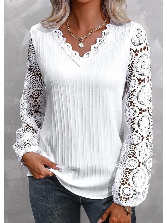 Womens Lace Shirt blouse plain black white pink long casual elegant fashion basic neck