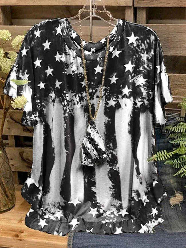 Women's Fashion Round Neck Star Stripe Print Short Sleeve T-Shirt