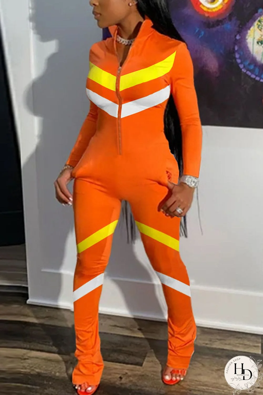 Orange Fashion Casual Striped zipper Polyester Long Sleeve O Neck Jumpsuits