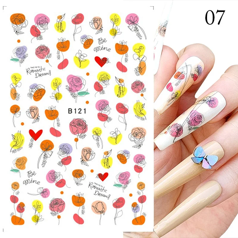 1 Pc Geometric Rose Flower 3D Nail Stickers Butterflies Heart Love Nail Decals Slider DIY Nail Art Decotaion Nail-Nail Inspo