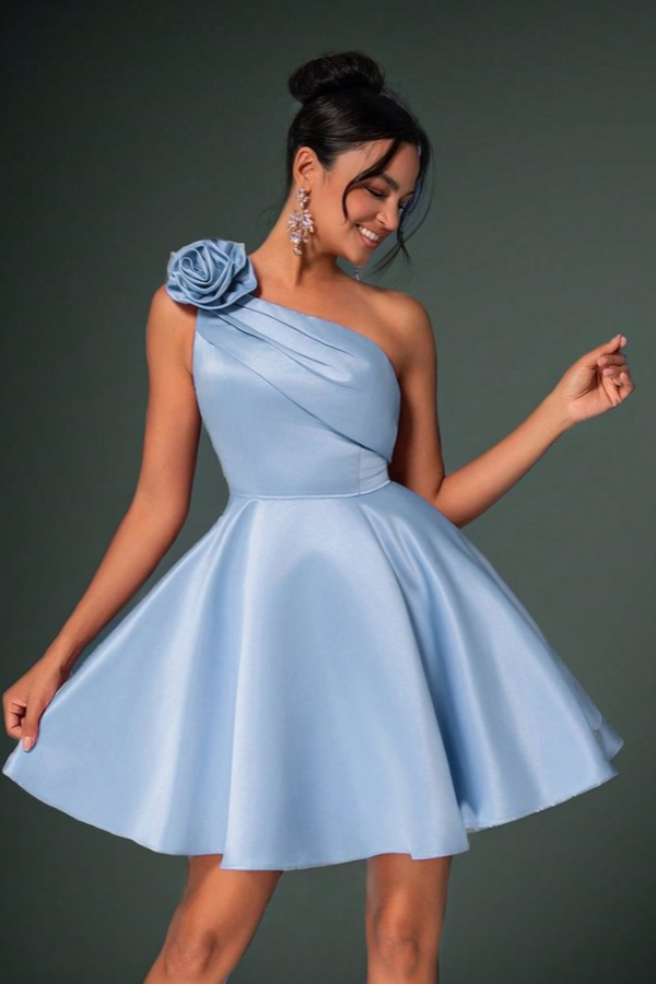 Miabel Charming Blue Satin One Shoulder Floral Sleeveless Homecoming Dress    