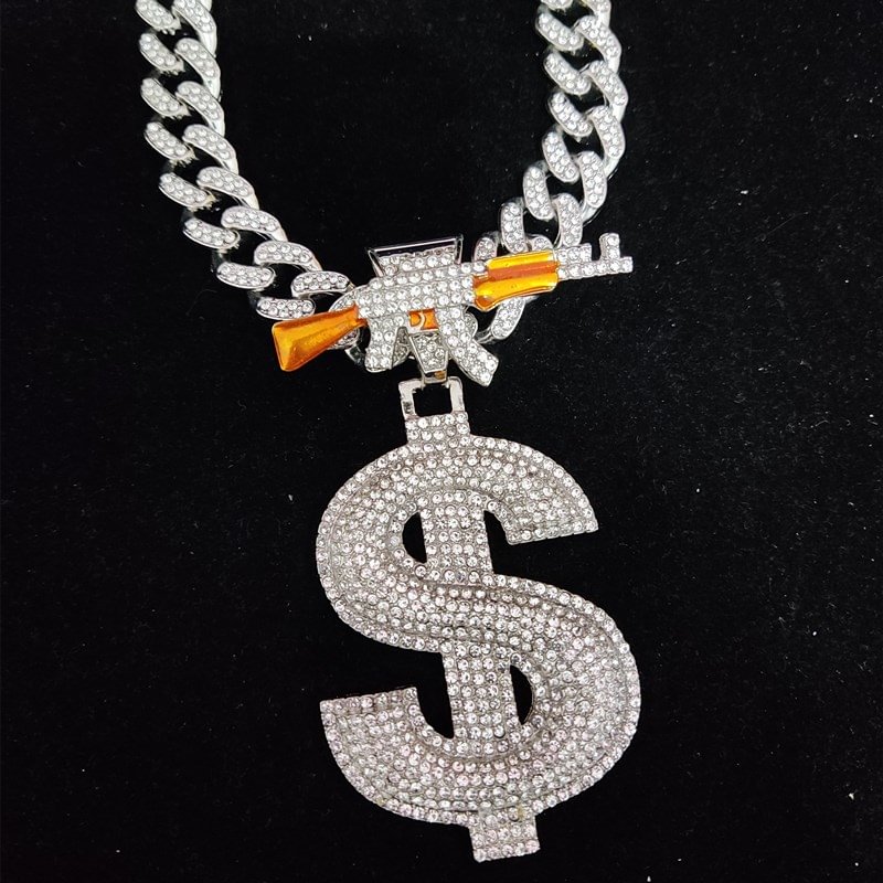 Iced Out Dollar&Gun Shape Pendant Necklace with 13mm Cuban Chain Hiphop Jewelry-VESSFUL