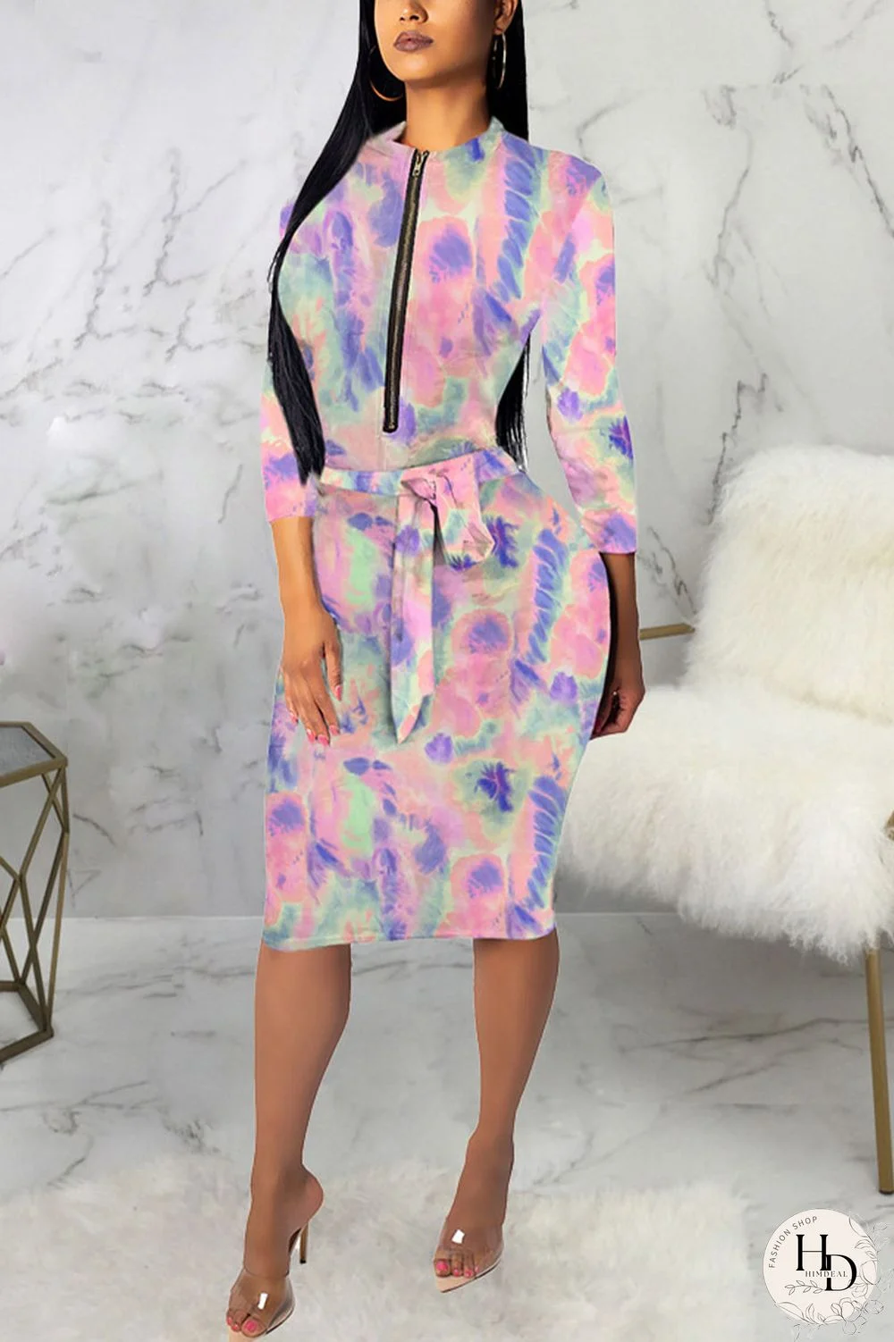 Powder blue Sexy Polyester Tie Dye Split Joint O Neck Long Sleeve Knee Length Long Sleeve Dress Dresses