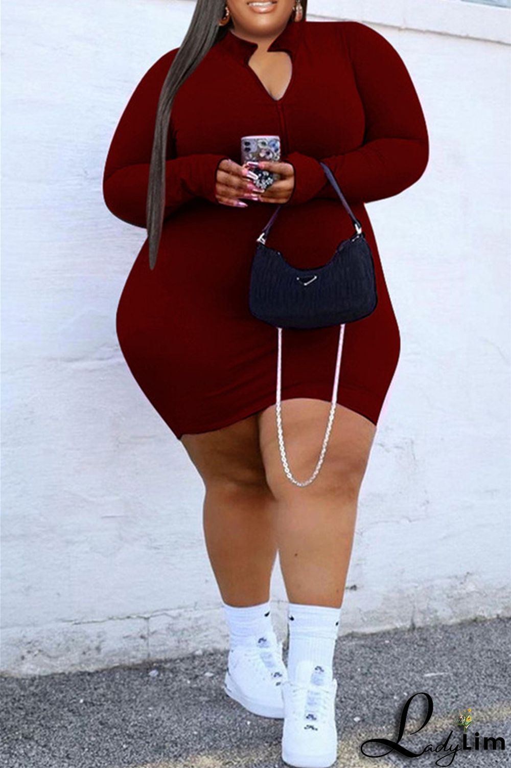 Burgundy Fashion Casual Solid Basic Zipper Collar Long Sleeve Plus Size Dresses