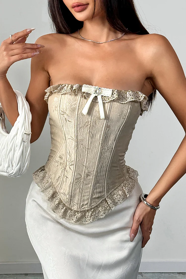Lace Patchwork Strapless Bow Decor Corset-Beige