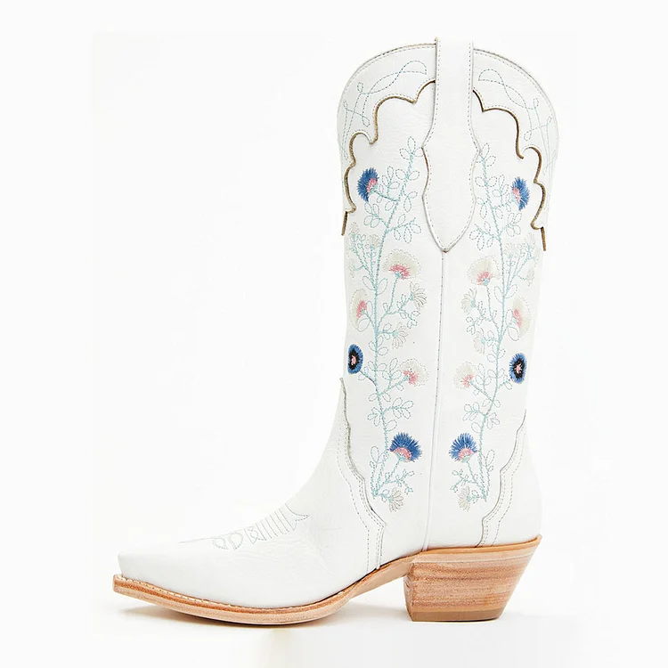 FSJ White Snip Toe Fleur Chunky Heel Mid-Calf Cowgirl Boots |FSJ Shoes