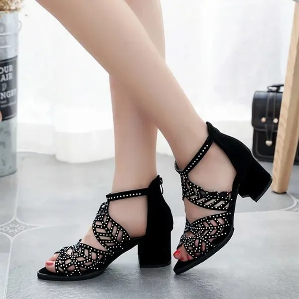 Womens Sandals-Fashionable & Elegant Party Shoes with Zip, Mid Square Cover Heel