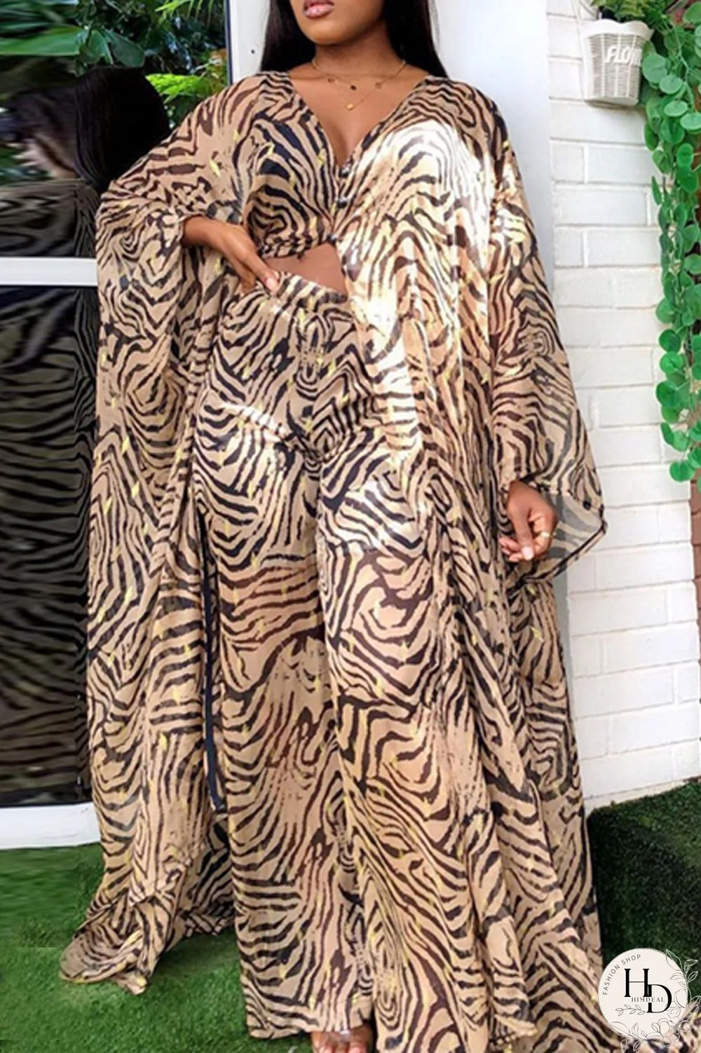 Tangerine Red Fashion Casual Print Slit Long Sleeve Two Pieces