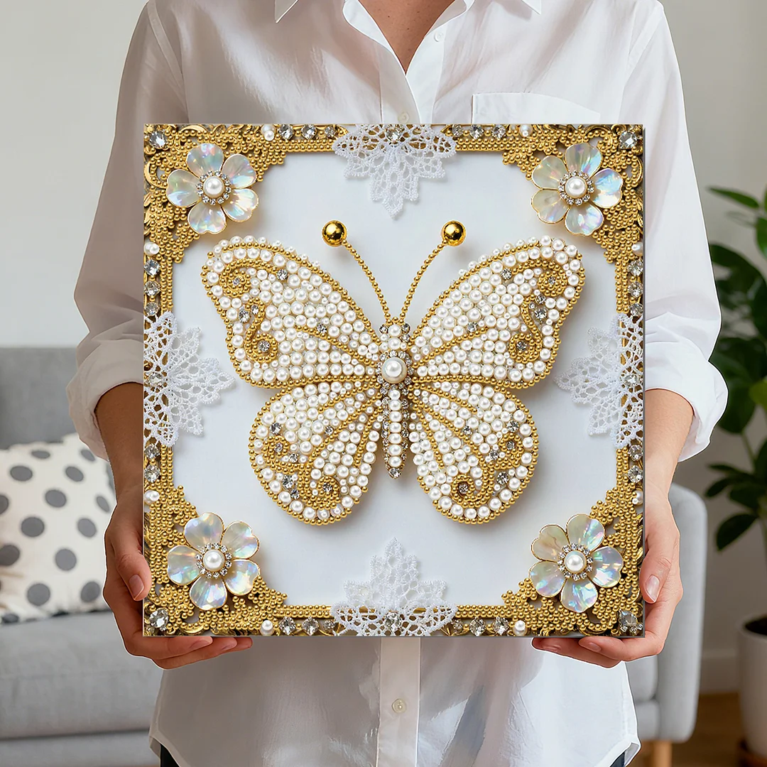 Butterfly DIY Pearl Diamond Art Kit for Adults Home Decor 25x25cm With Frame