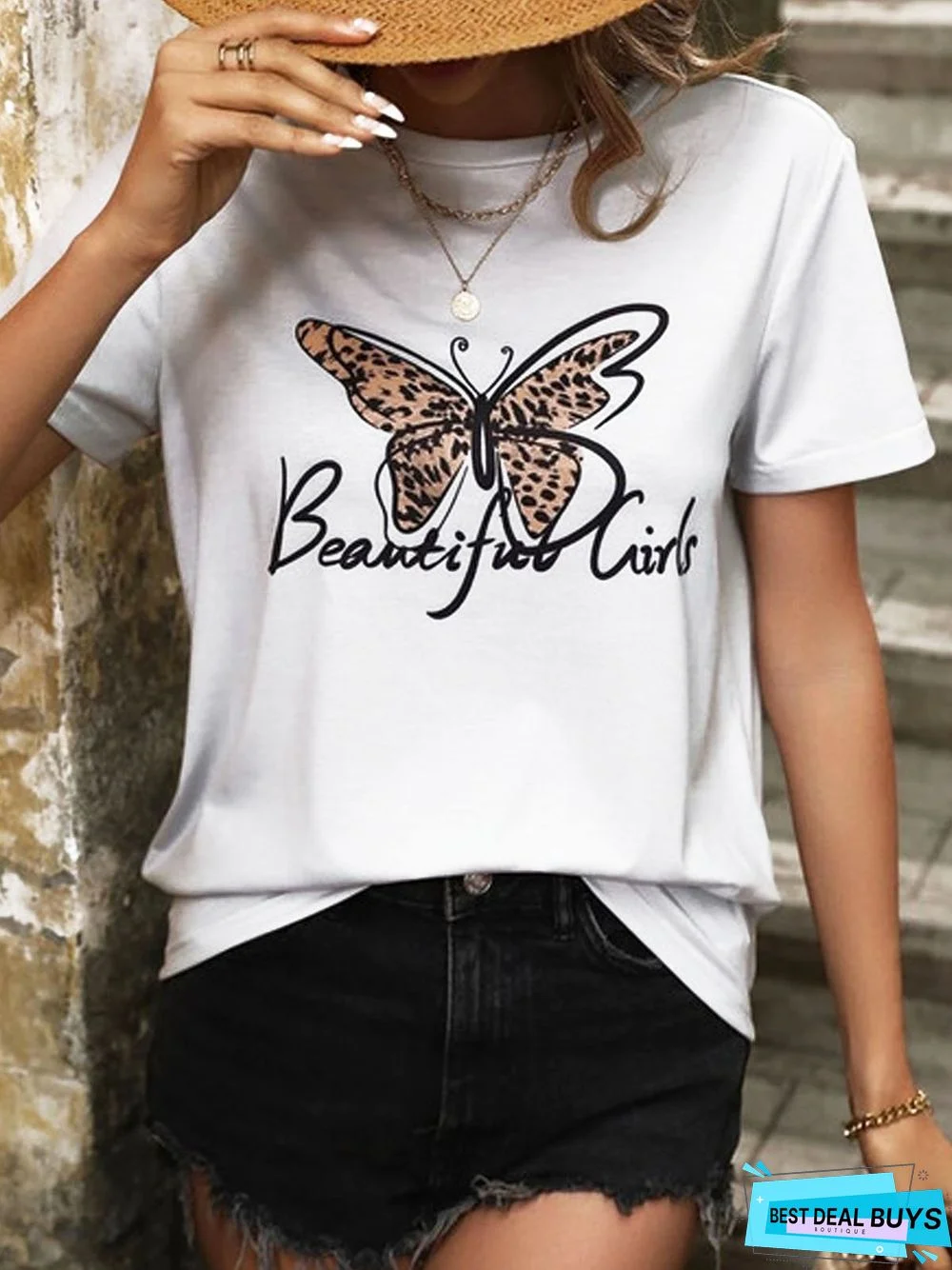 Butterfly Printed Crew Neck Loose Casual T-Shirt