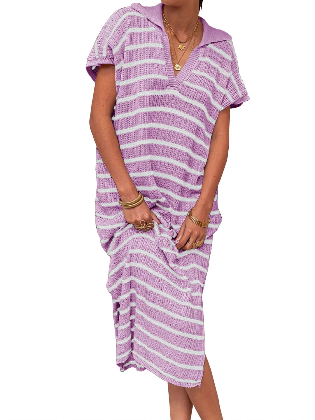 Woherb Woherb Summer Dress Women's V-Neck Stripe Low Slit Lapel Long Sweater Even-Outfit Ideas