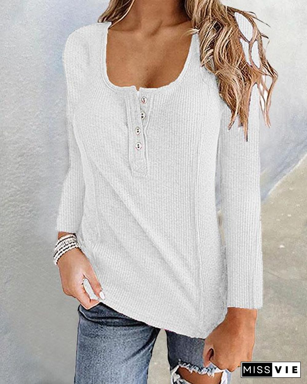 Plain Color Button U Neck Basic Fall T-shirt Tops