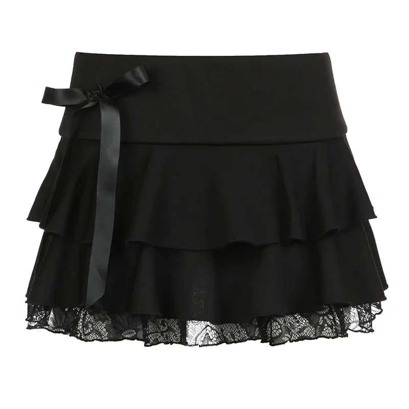 Tlbang Low Waisted Bow Stitching Short Skirts Y2K Gothic Dark Academia Lace A-line Mini Skirt Cute Bottoms Streetwear