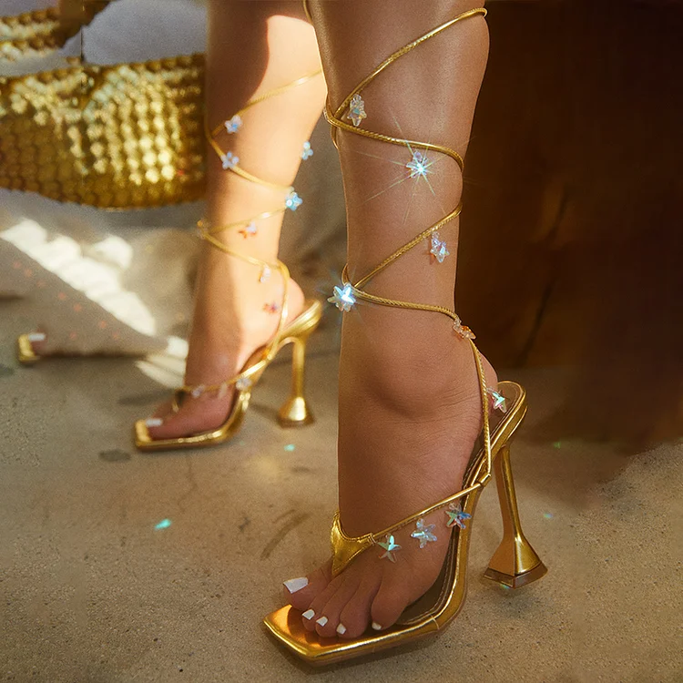 Women's Flared Heel Square Toe Stars Strappy Gold Sandals |FSJ Shoes