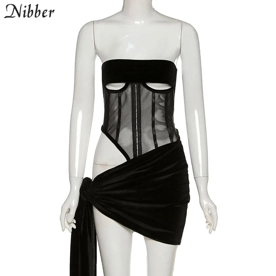 Nibber E-Gril Club Women Matching Suits Sleeveless 2021 Hot Party Low Cut See Through Bodysuits + Skirt 2 Two Piece Sets Female