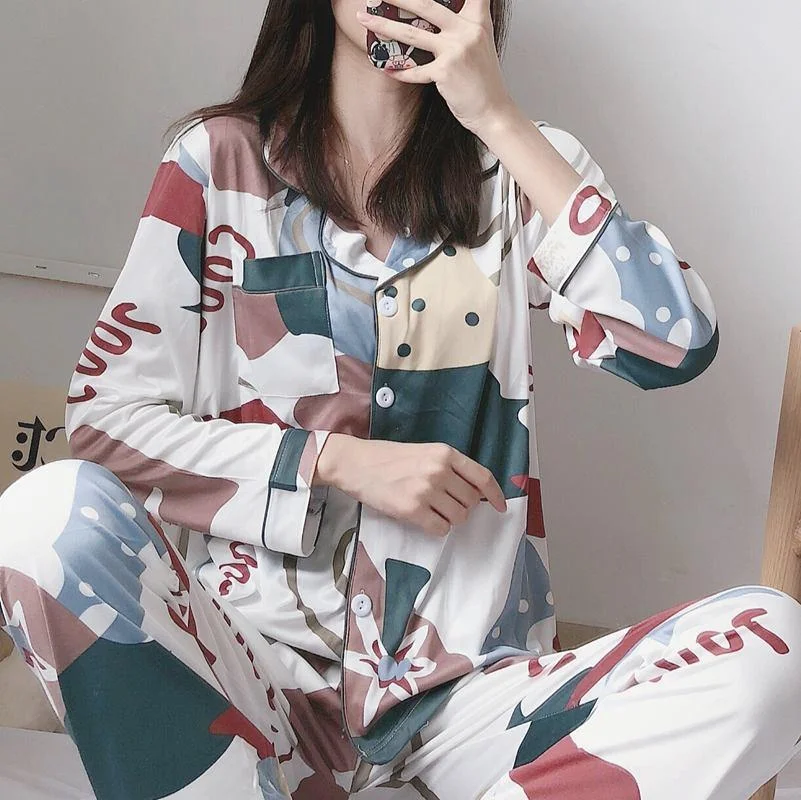 New  Spring Summer Cotton 2 Piece Pajamas Set Women New Printed Colorful Sleepwear Long Sleeve Pajamas Female Sleep Homewear