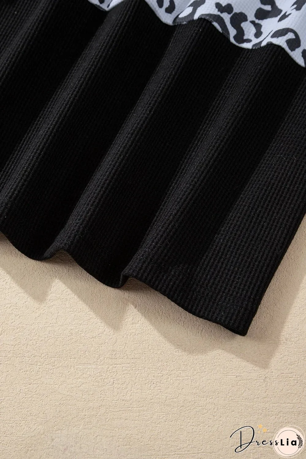 Black Cheetah Textured Patchwork Buttoned Round Neck T Shirt