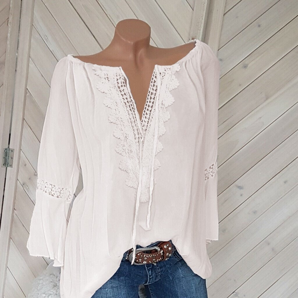 5XL Plus Size Women Casual Blouse Tops V Neck 3/4 Sleeve Loose Lace Blouse | EGEMISS