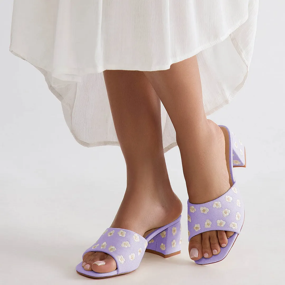 Light Purple Block Heel Flower Embroidery Slide Shoes for Women