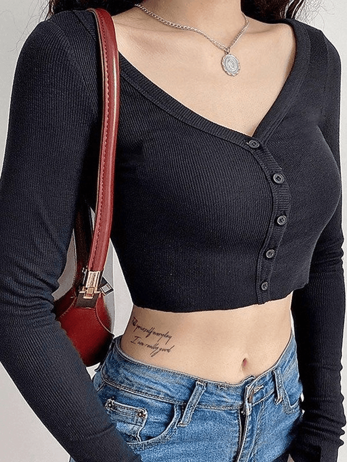 Brownm Ribbed Long Sleeve Button Crop Top