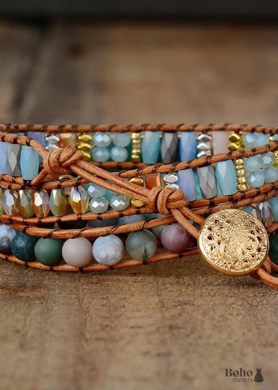 Boho Bracelet, 3 Layers Leather Wrap Bracelet, Natural Blue Stone