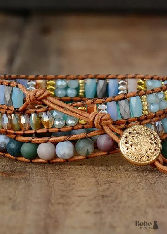 Boho Bracelet, 3 Layers Leather Wrap Bracelet, Natural Blue Stone