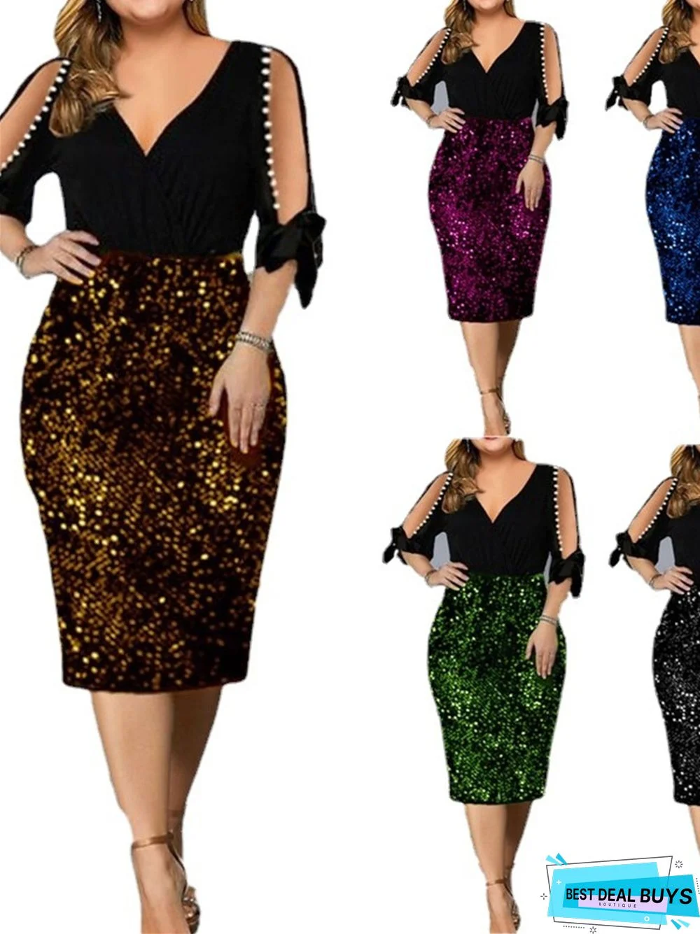 New V-Neck Personalized Sequins Design Plus Size Women's Dress