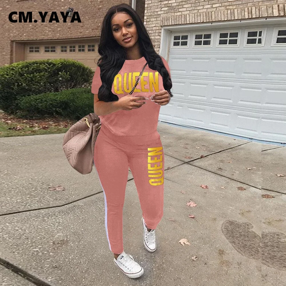 CM.YAYA Active Queen Striped Sweatsuit Women's Set Tee Tops Jogger Pants Set Sporty Tracksuit Two Piece Set Fitness Outfit 2021